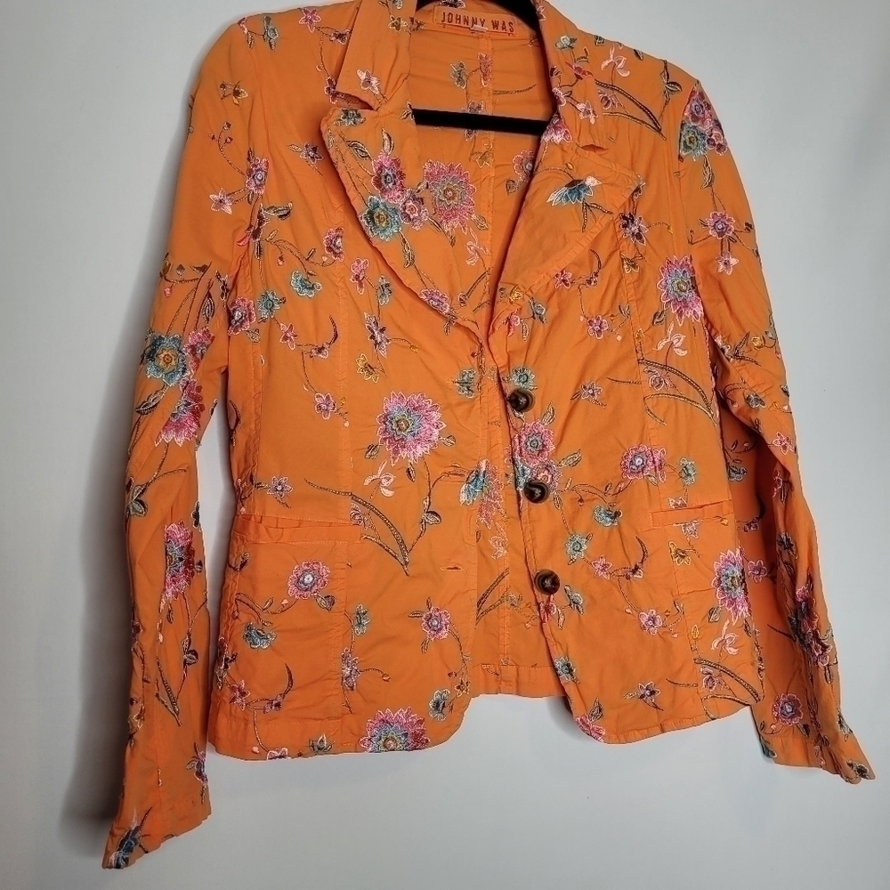 Johnny Was Orange Floral Embroidered Deconstructed Blazer